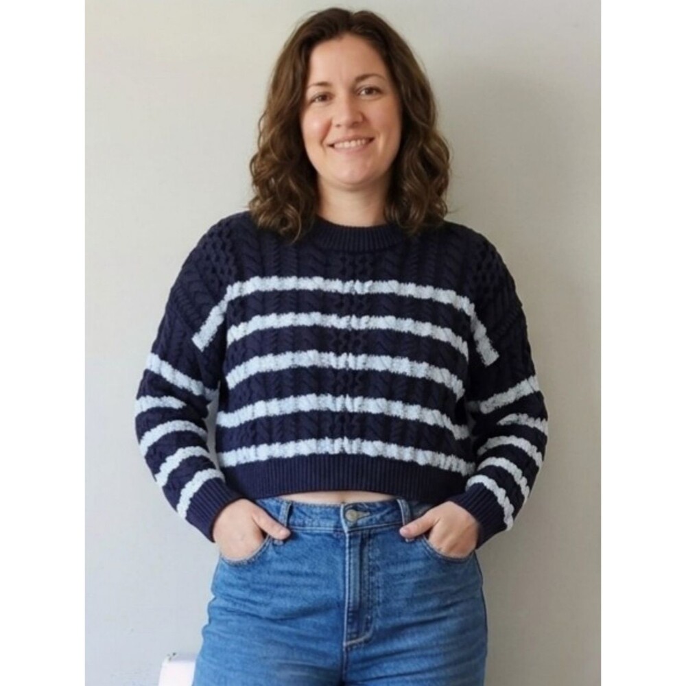 JESSICA SIMPSON Chunky Cable Knit Cropped Sweater Cotton Navy White Striped XL